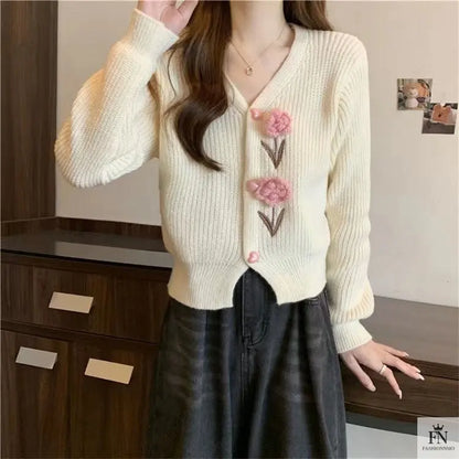Floral Embellish Knitted Cardigan Top - Fashionnsio