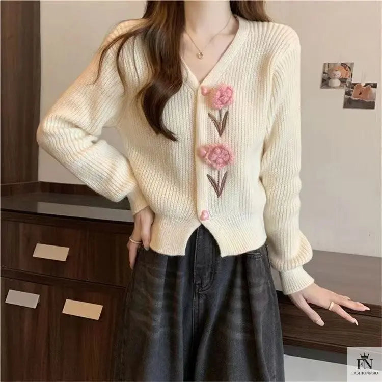 Floral Embellish Knitted Cardigan Top - Fashionnsio