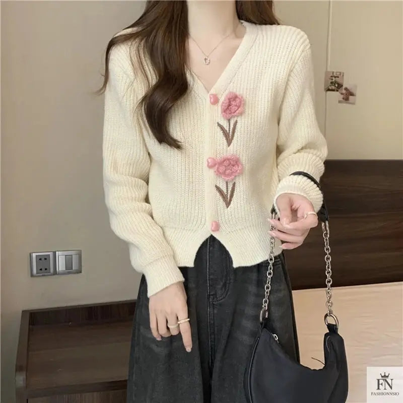 Floral Embellish Knitted Cardigan Top - Fashionnsio