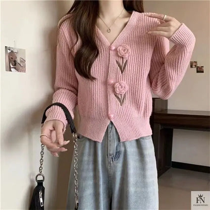 Floral Embellish Knitted Cardigan Top - Fashionnsio