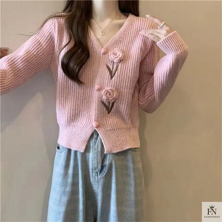 Floral Embellish Knitted Cardigan Top - Fashionnsio