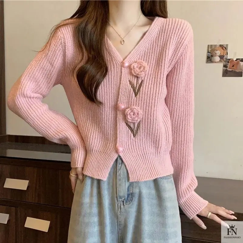 Floral Embellish Knitted Cardigan Top - Fashionnsio