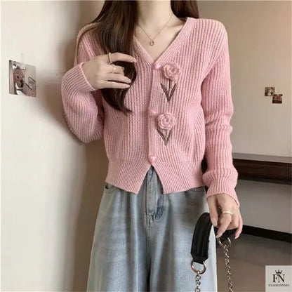 Floral Embellish Knitted Cardigan Top - Fashionnsio