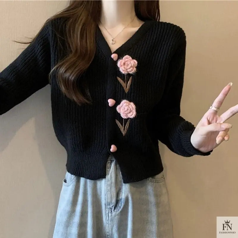 Floral Embellish Knitted Cardigan Top - Fashionnsio