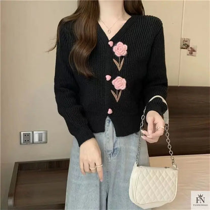 Floral Embellish Knitted Cardigan Top - Fashionnsio