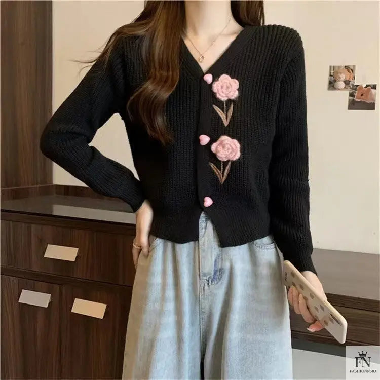 Floral Embellish Knitted Cardigan Top - Fashionnsio