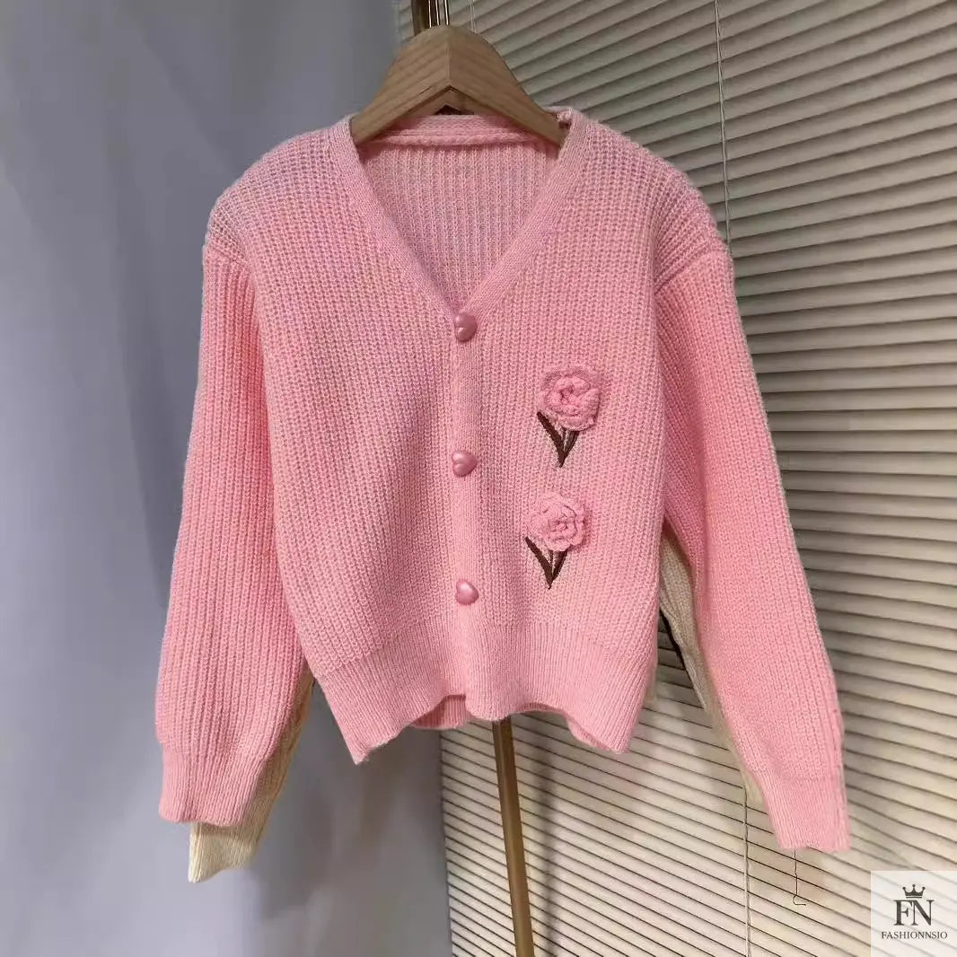 Floral Embellish Knitted Cardigan Top - Fashionnsio