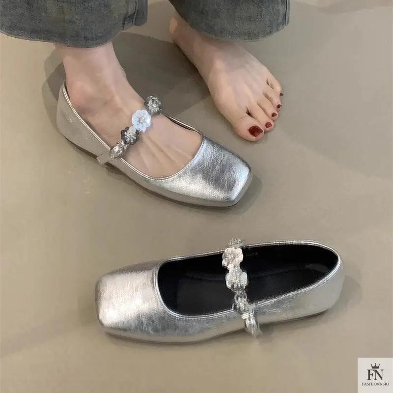 Floral Embellish Mary Jane Flats - Fashionnsio