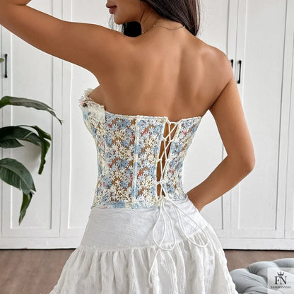Floral Embroidery Strapless Corset Top - Fashionnsio