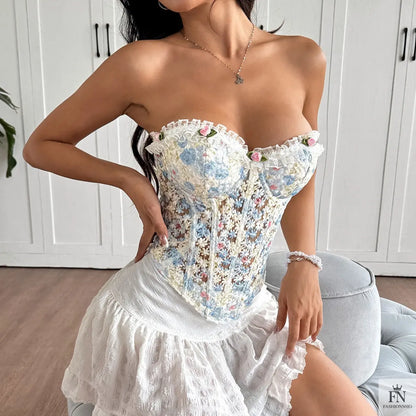 Floral Embroidery Strapless Corset Top - Fashionnsio