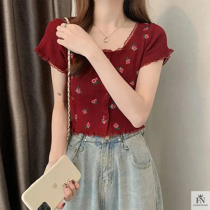 Floral Knitted Crop Top - Fashionnsio