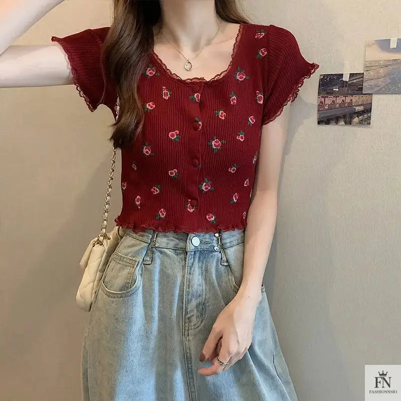 Floral Knitted Crop Top - Fashionnsio