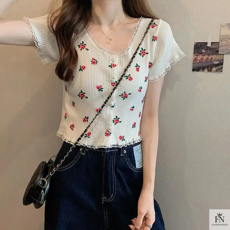 Floral Knitted Crop Top - Fashionnsio