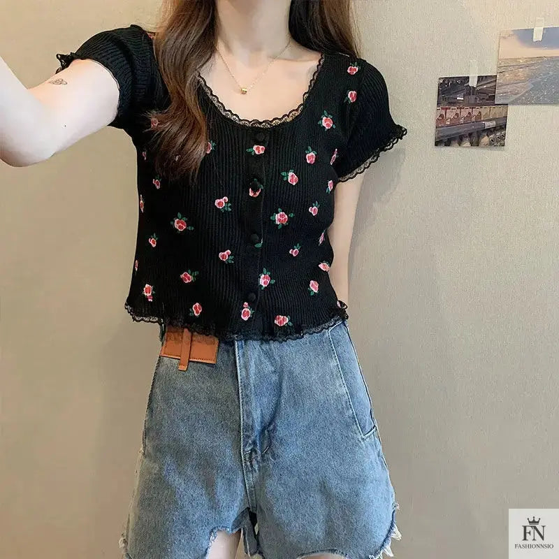 Floral Knitted Crop Top - Fashionnsio