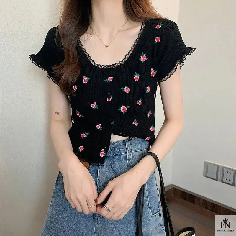 Floral Knitted Crop Top - Fashionnsio