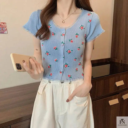 Floral Knitted Crop Top - Fashionnsio
