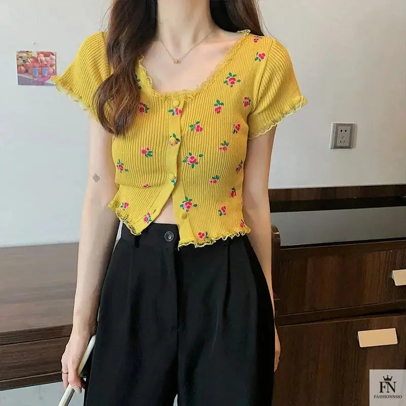 Floral Knitted Crop Top - Fashionnsio