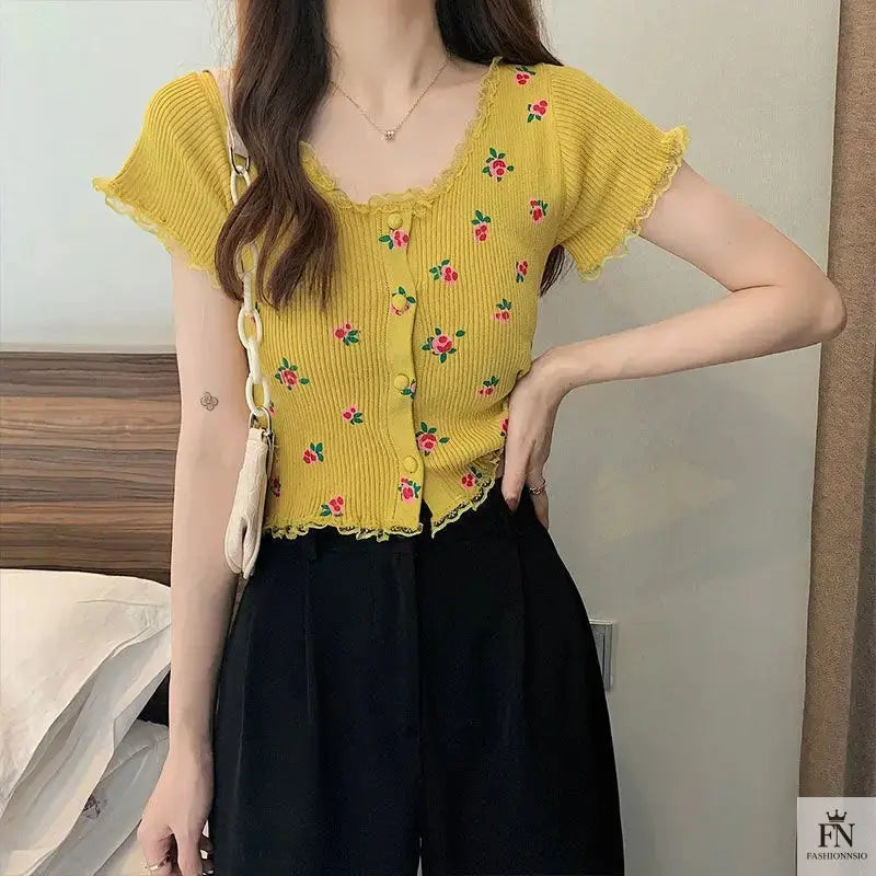 Floral Knitted Crop Top - Fashionnsio