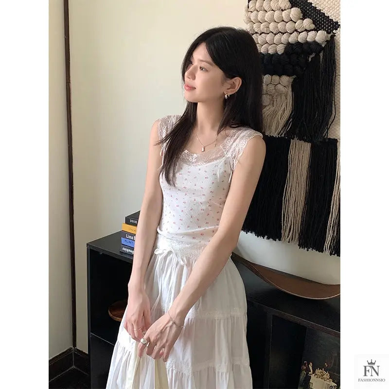 Floral Lace Bow Tank Top - Fashionnsio