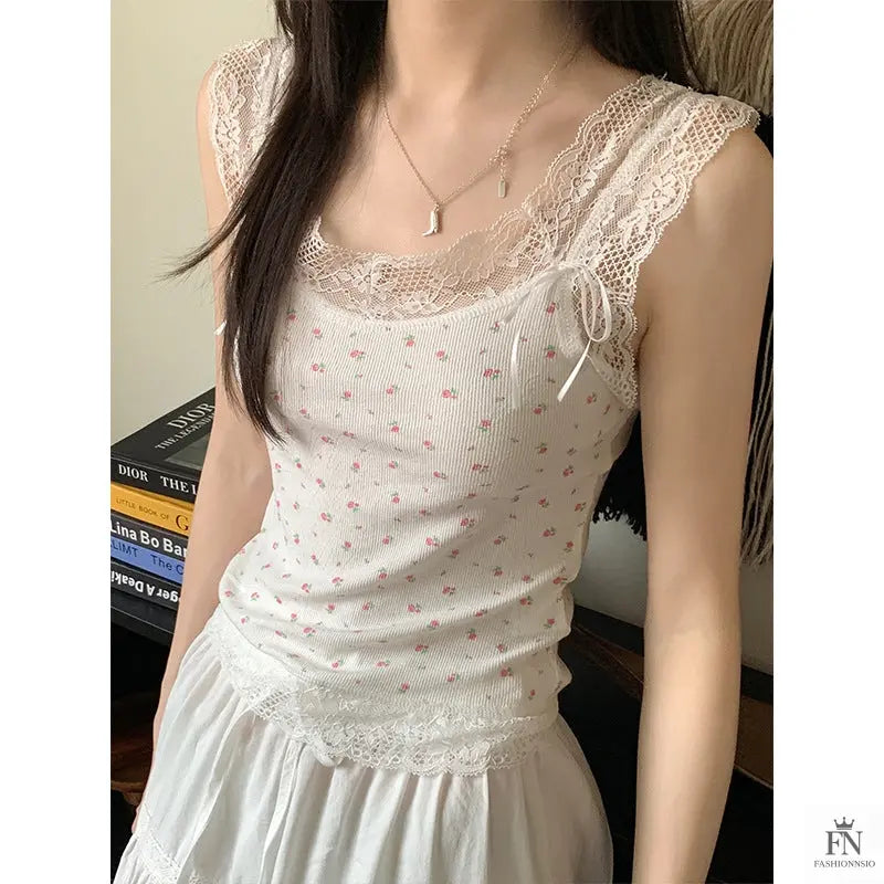 Floral Lace Bow Tank Top - Fashionnsio