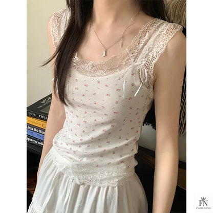 Floral Lace Bow Tank Top - Fashionnsio