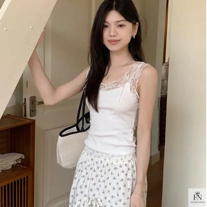 Floral Lace Bow Tank Top - Fashionnsio