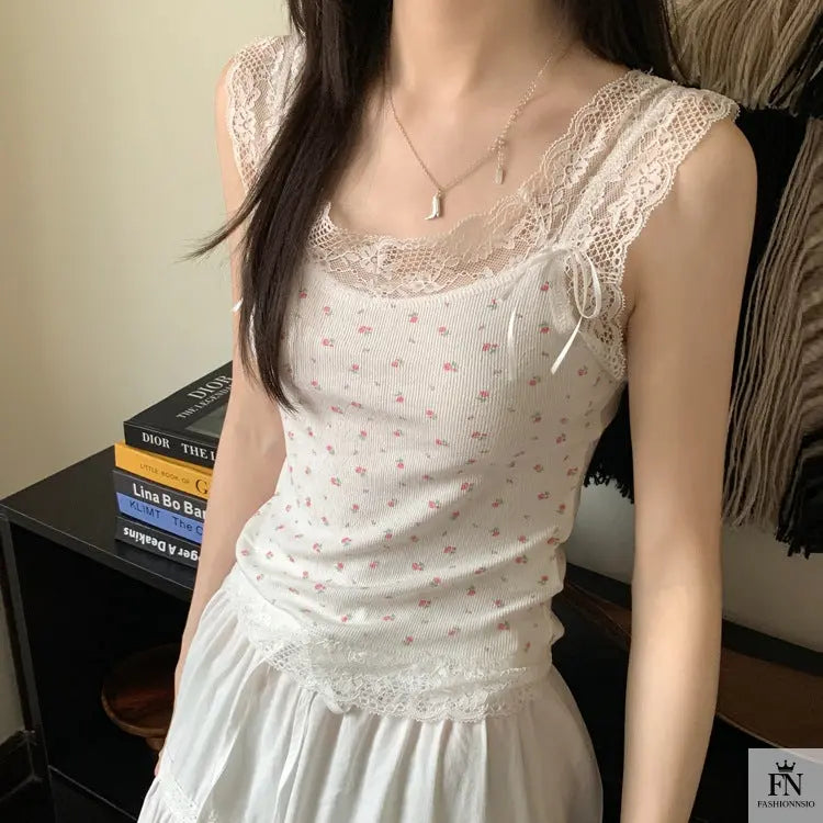 Floral Lace Bow Tank Top - Fashionnsio