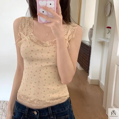 Floral Lace Bow Tank Top - Fashionnsio