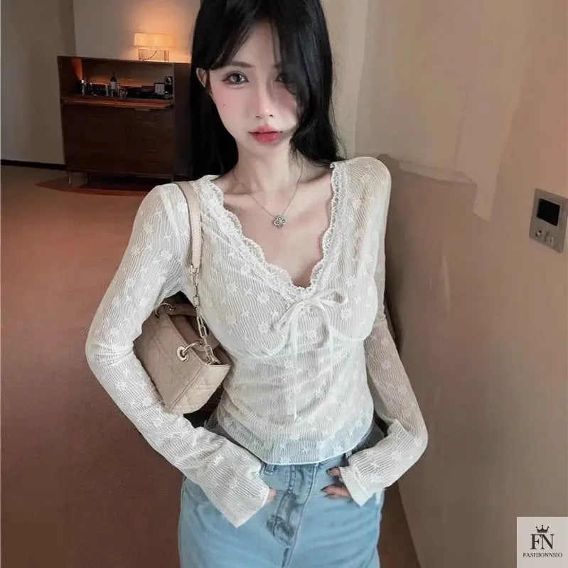 Floral Lace Long Sleeve Top - Fashionnsio