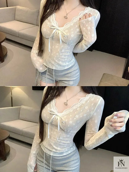 Floral Lace Long Sleeve Top - Fashionnsio