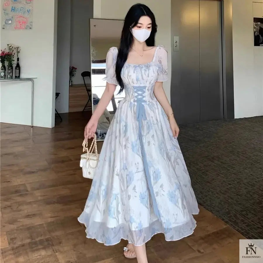Floral Lace-Up Frock Dress - Fashionnsio