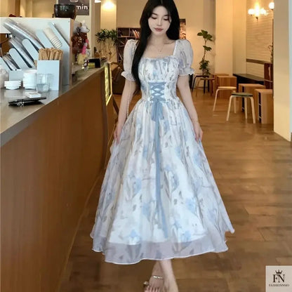 Floral Lace-Up Frock Dress - Fashionnsio