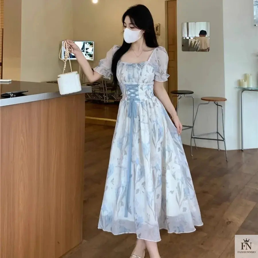 Floral Lace-Up Frock Dress - Fashionnsio