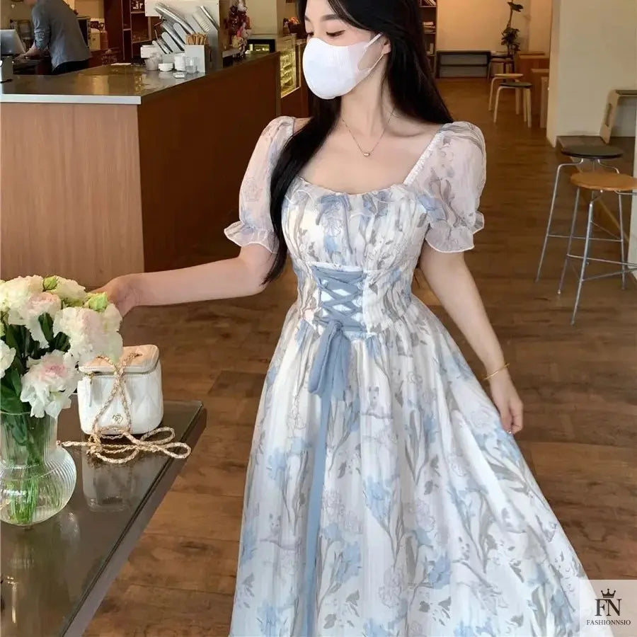 Floral Lace-Up Frock Dress - Fashionnsio