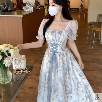 Floral Lace-Up Frock Dress - Fashionnsio