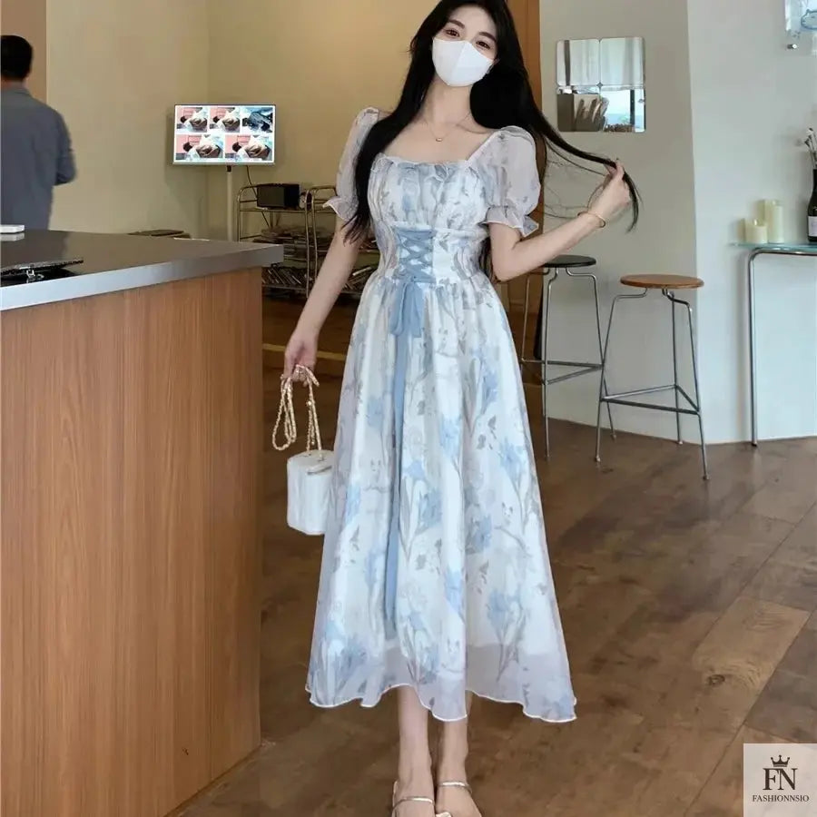 Floral Lace-Up Frock Dress - Fashionnsio
