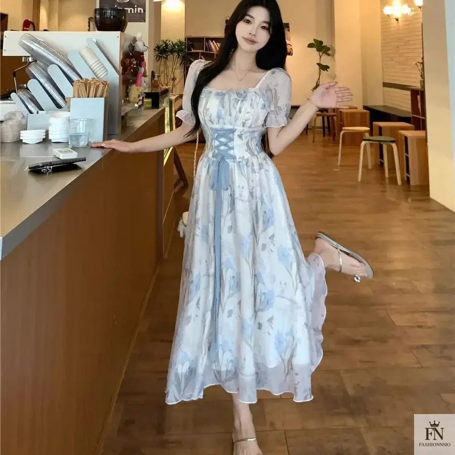 Floral Lace-Up Frock Dress - Fashionnsio