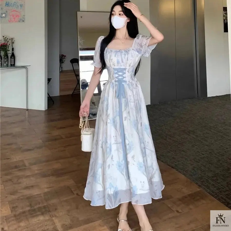 Floral Lace-Up Frock Dress - Fashionnsio