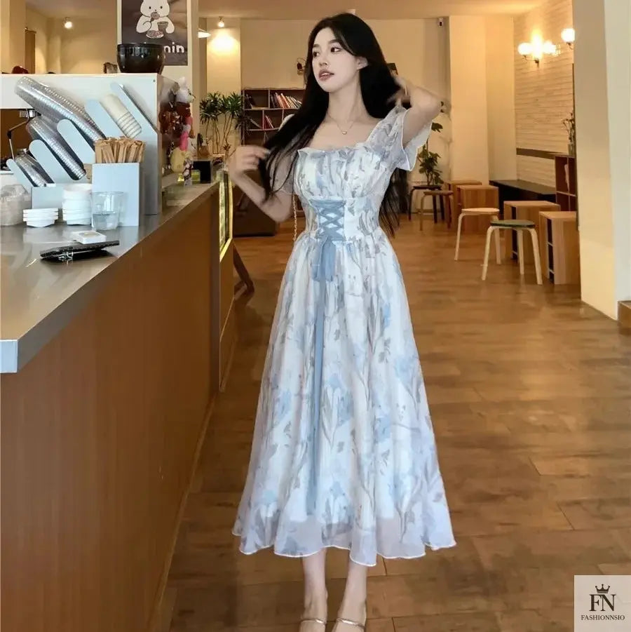 Floral Lace-Up Frock Dress - Fashionnsio