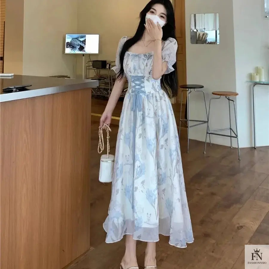 Floral Lace-Up Frock Dress - Fashionnsio