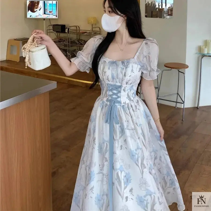 Floral Lace-Up Frock Dress - Fashionnsio