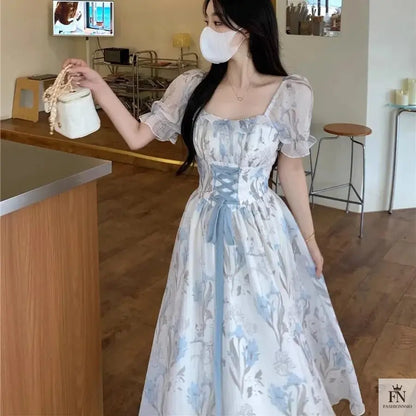 Floral Lace-Up Frock Dress - Fashionnsio