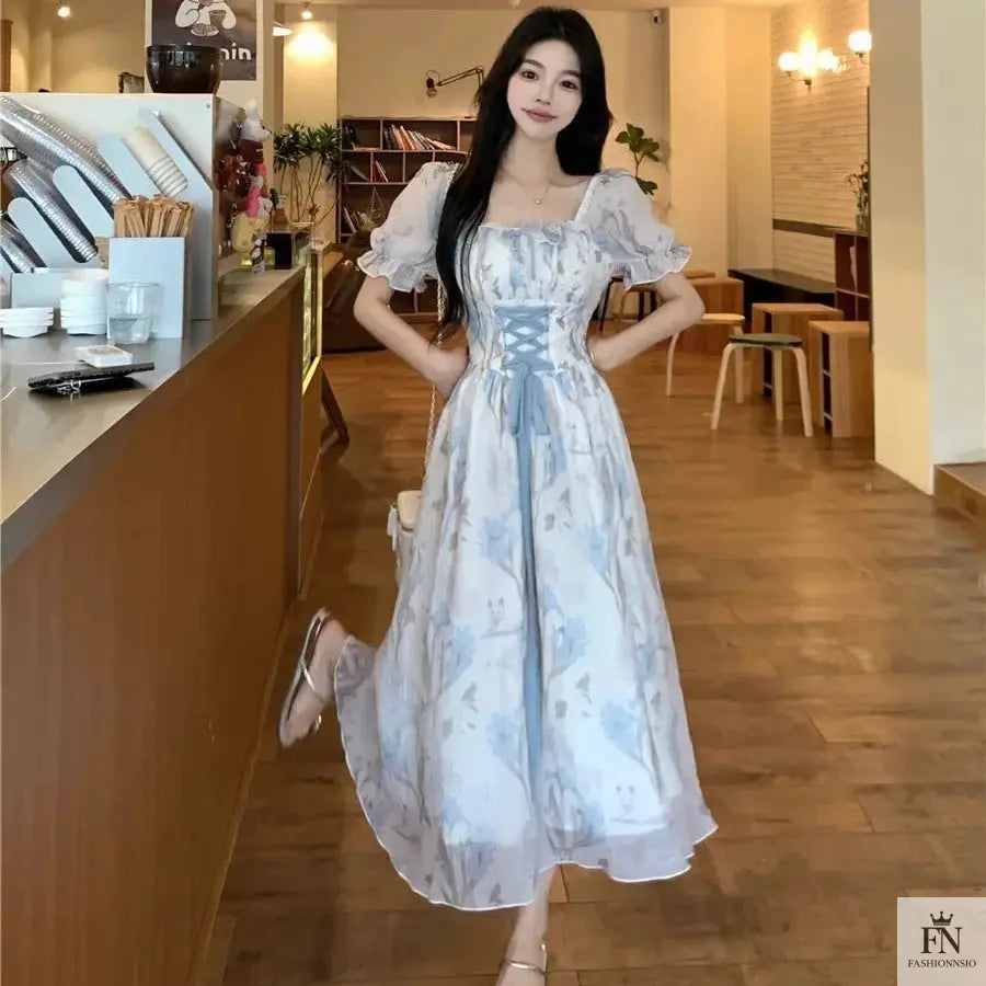Floral Lace-Up Frock Dress - Fashionnsio