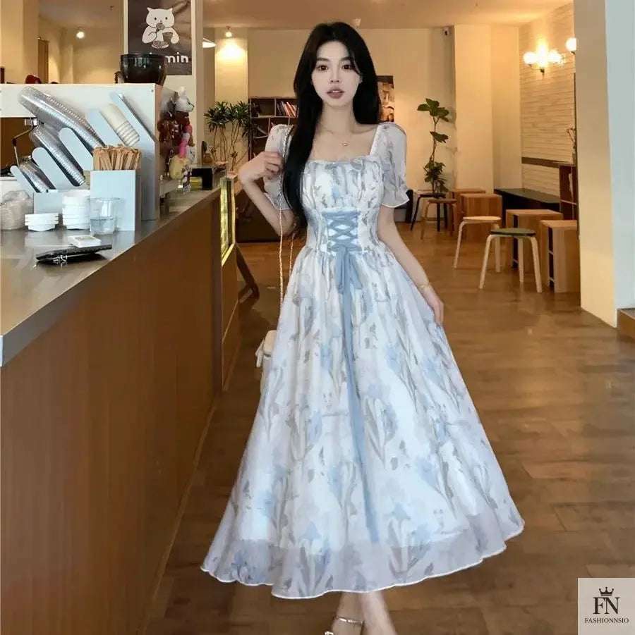 Floral Lace-Up Frock Dress - Fashionnsio