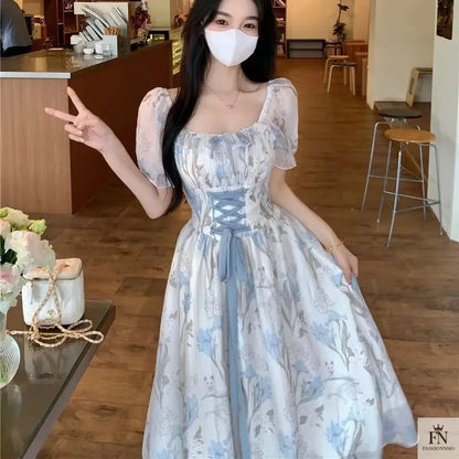 Floral Lace-Up Frock Dress - Fashionnsio