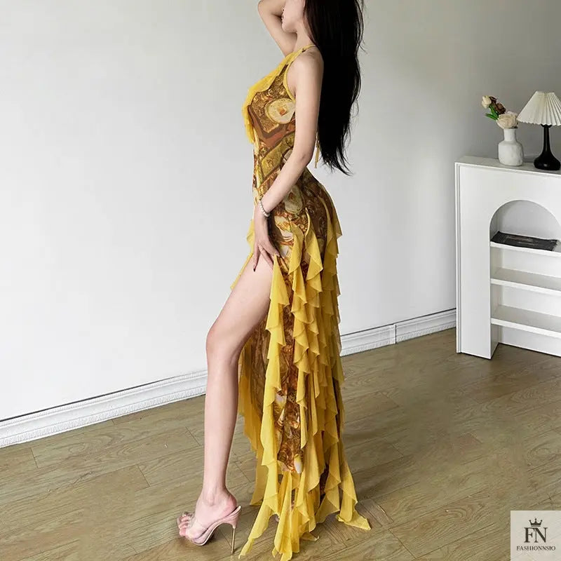 Floral Print Tassel Ruffles Dress - Fashionnsio