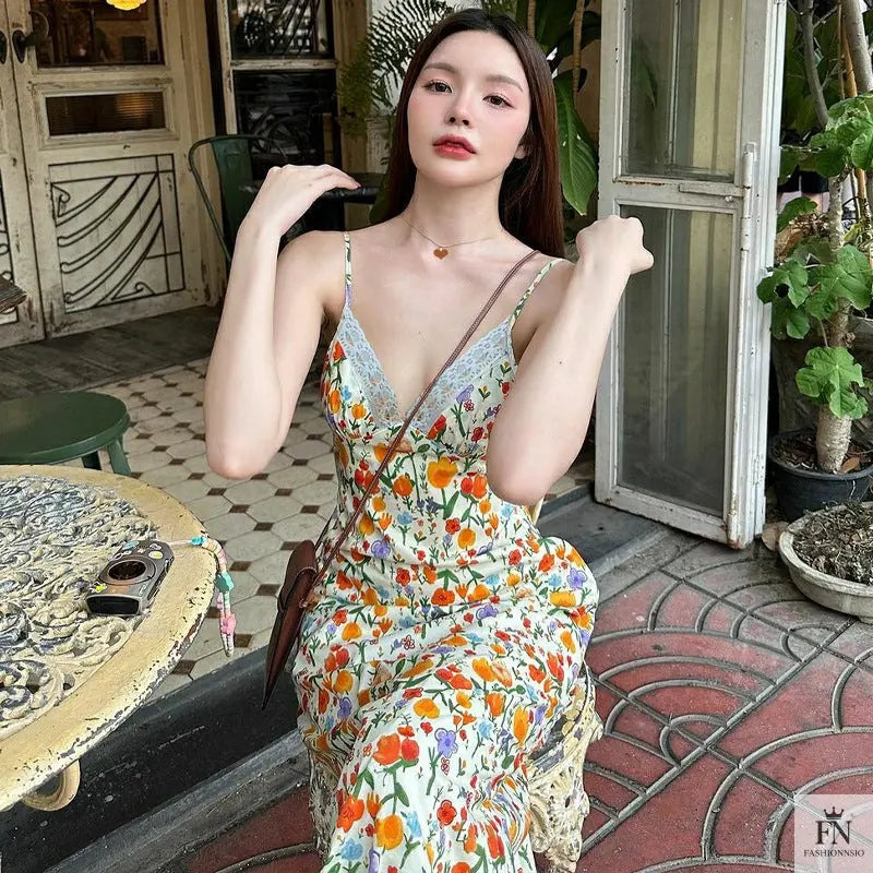 Floral Printed Backless Long Dress fashionnsio