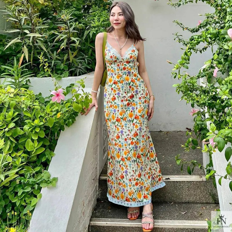 Floral Printed Backless Long Dress fashionnsio