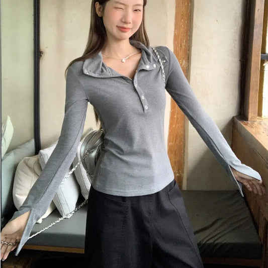 Lapel Button Long Sleeve Top - Fashionnsio