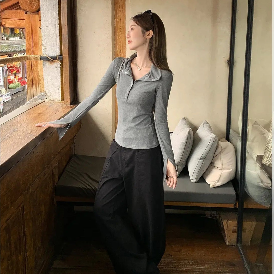 Lapel Button Long Sleeve Top - Fashionnsio